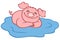 Cartoon farm animals. Little cute pig lies in a puddle and smiles.