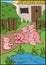 Cartoon farm animals. Mother pig with her little cute piglets on the grass