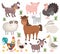 Cartoon farm animals. Turkey cat ram goat chicken rabbit horse. Village animal collection