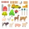 Cartoon farm elements, animals, building, tools, trees, agricultural machinery