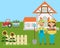 Cartoon farm, farmers with eco production from field, country landscape vector illustration. Farm agriculture and rural