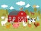 Cartoon farm. Goat, cat and pig, goose and chicken, cow and dog, turkey and rabbit farm building vector illustration