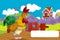 Cartoon farm happy scene with standing rooster and hen farm birds