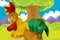 Cartoon farm happy scene with standing rooster and hen farm birds