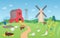 Cartoon farm rural landscape vector illustration, comic flat summer farmland field with dry haystacks, grazing cute cows