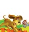 Cartoon farm scene with animal dog having fun in nature