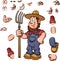 Cartoon farmer with different expressions holding a pitchfork