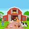 Cartoon farmer and farm animals in the barnyard