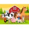 Cartoon farmer and farm animals in the barnyard