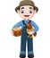 Cartoon farmer holding chicken and a basket of eggs