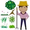 Cartoon farmer with plant and orange tree