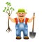 Cartoon farmer with shovel and with seedling tree