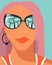 Cartoon fashion girl with rose hair and sunglasses with palm trees reflections