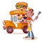 Cartoon fast-food car with the seller of hamburgers