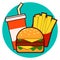 Cartoon fast food combo - hamburger, french fries, soda  illustration isolated on background