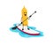 Cartoon fast food mustard character on SUP board