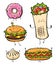 Cartoon fast food unhealthy burger, hamburger, kebab, hotdog, donut, khinkali, restaurant menu snack illustration.