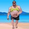 Cartoon fat bodybuilder walks along the seashore
