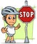 Cartoon fat boy character with stop traffic sign