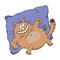 Cartoon fat lazy cat lies on a pillow and eats fish.  illustration on a white background