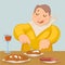 Cartoon Fat Man Eat Grilled Meat Sausage Character Icon on Stylish Background Design Vector Illustration