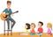 Cartoon father playing guitar and singing with his children at home. Family enjoying time at home