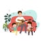 Cartoon father playing guitar and singing with his children at home. Family enjoying time at home concept