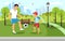 Cartoon father plays football with son in park