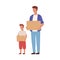 Cartoon father and son holding cardboard box isolated on white background. Happy family moving carry things packing at