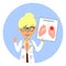 Cartoon female doctor character showing image of unhealthy lungs. Healthcare concept.