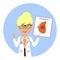 Cartoon female doctor character showing image of unhealthy  spleen. Healthcare concept.