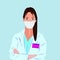 Cartoon female doctor or nurse close up. Beauty asian medical person in uniform, protective mask and gloves. Woman character in