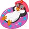 Cartoon female penguin relaxing on inflatable ring