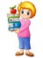 Cartoon female with stack books and apple