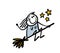 Cartoon female stickman witch is flying on a broomstick in the sky. Vector illustration of a girl with flowing hair and