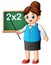 Cartoon female teacher pointing on blackboard the lesson of mathematics