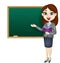 Cartoon female teacher standing next to a blackboard