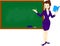 Cartoon female teacher standing next to a blackboard