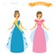 Cartoon females in long gown night party dresses. Beauty queen. Prom queen concept