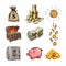 Cartoon finance money set. Sack of dollars, stack of coins, coin with dollar sign, treasure chest, paper money, falling