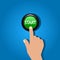 Cartoon finger pushing start button. Vector illustration.