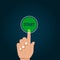 Cartoon finger pushing start button. Vector illustration.