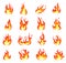 Cartoon fire flame. Fires comic images, bonfire flaming ignition, evil hell blaze. Hot temperature and fever icons flat