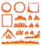 Cartoon fire frame. Red hot burning circle and rectangular frames. Horizontal flame border, campfire, blazing fire line