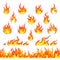 Cartoon fire set. Hot temperature curve painting comic dangerous flame fires isolated vector illustration and seamless