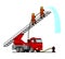 Cartoon fire truck with a car ladder. Firefighters stand on the stairs, watering something from a fire hose. Flat vector