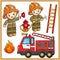 Cartoon fire truck with a firefighter or fireman. Fire extinguishing means. Professional transport. Profession. Colorful vector