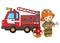 Cartoon fire truck with fireman or firefighter. Fire fighting. Professional transport. Profession. Colorful vector illustration