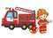 Cartoon fire truck with fireman or firefighter. Fire fighting. Professional transport. Profession. Colorful vector illustration