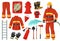 Cartoon firefighter character with fire fighting equipment and tools. Fireman uniform, hydrant, fire alarm, extinguisher